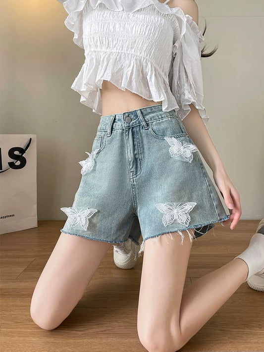 Raw edge denim shorts for women summer 2025 new three-dimensional butterfly embroidery design wide-leg shorts hot pants