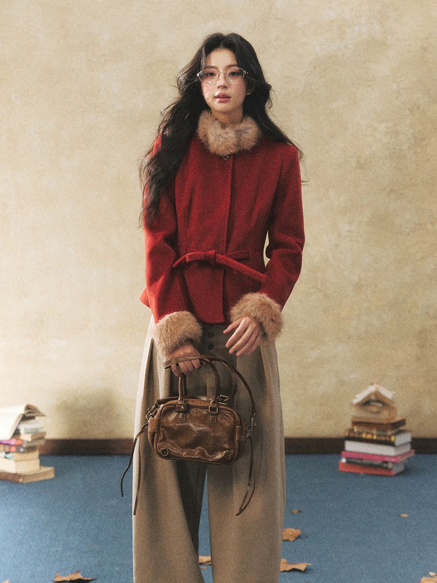 7Shiftin Original Design Two-Tone Tie-Down Wool Coat with Fur Collar, Winter Slimming and Elegant Top