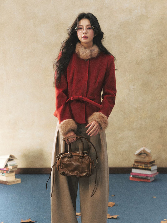 7Shiftin Original Design Two-Tone Tie-Down Wool Coat with Fur Collar, Winter Slimming and Elegant Top