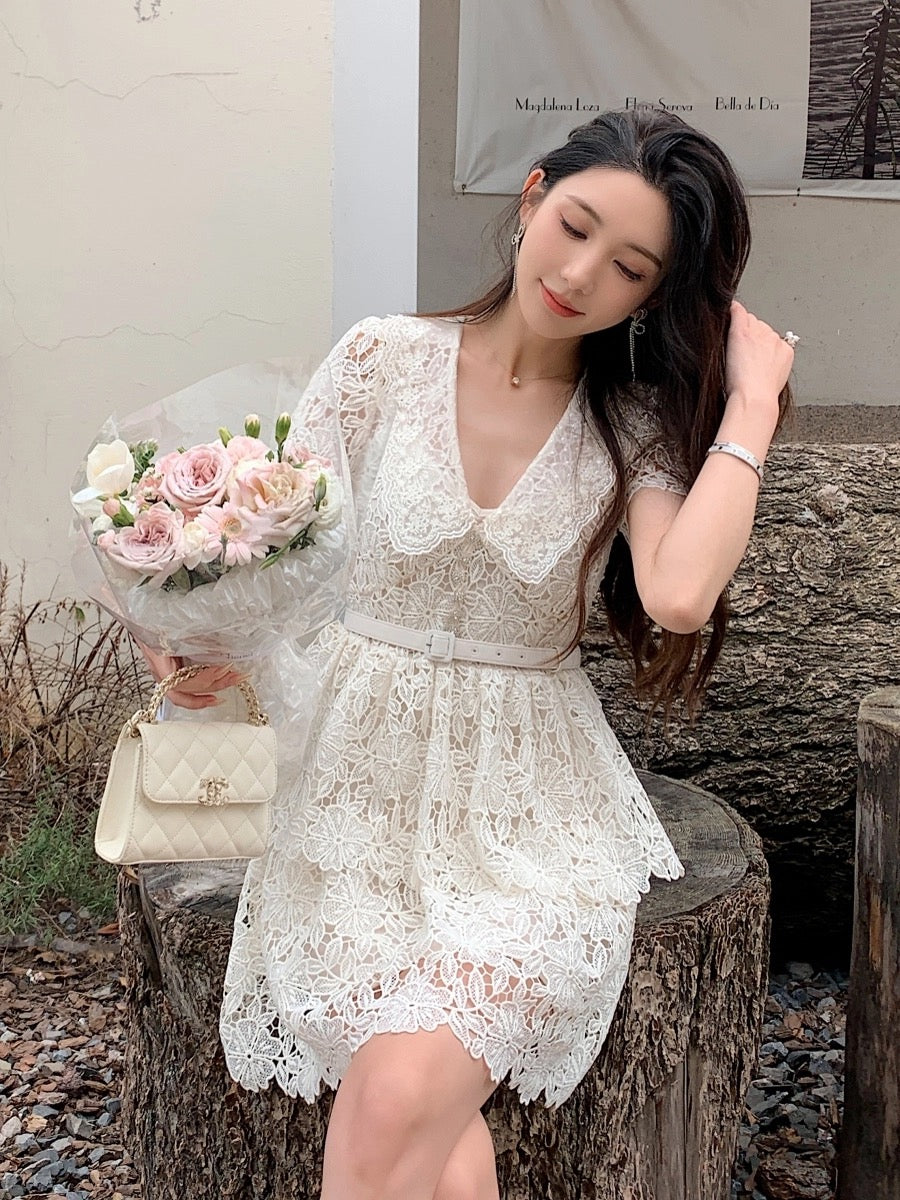 French retro style short-sleeved V-neck ivory lace cake dress waisted short skirt summer women's style