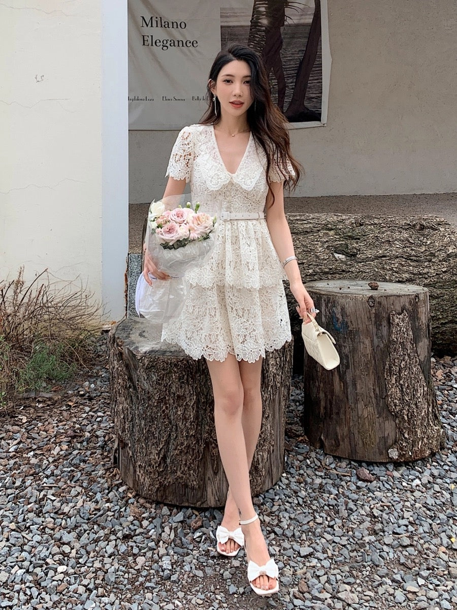 French retro style short-sleeved V-neck ivory lace cake dress waisted short skirt summer women's style