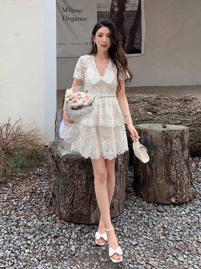 French retro style short-sleeved V-neck ivory lace cake dress waisted short skirt summer women's style