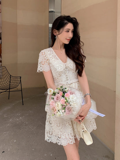 French retro style short-sleeved V-neck ivory lace cake dress waisted short skirt summer women's style