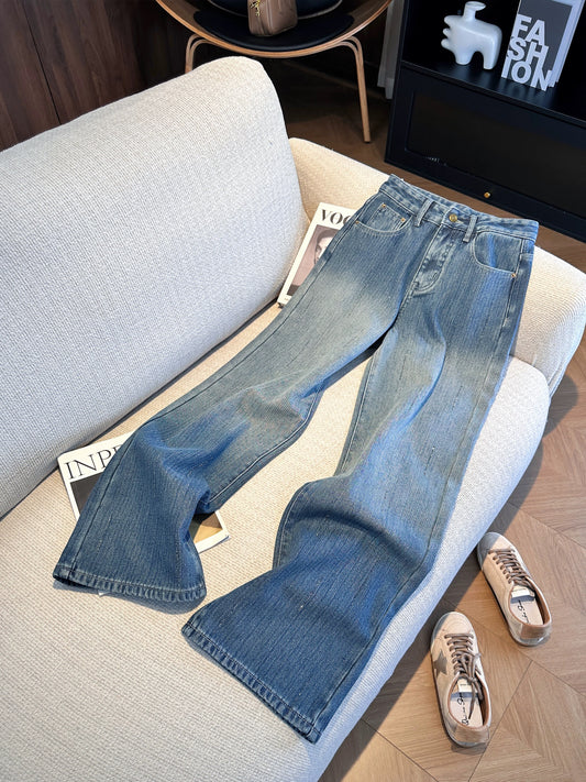 Blue retro gradient high-waisted wide-leg washed denim jeans for women, new winter 2025 style, unique and super beautiful, fleece-lined pants.