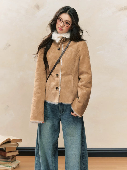 7Shiftin Original Design Autumn/Winter New Slim Fit Plush Coat Khaki Warm Fur-lined Jacket for Women