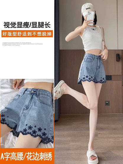 Lace embroidery denim shorts women 2025 summer a-line high waist small size wide leg three-point hot girl hot pants
