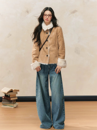 7Shiftin Original Design Autumn/Winter New Slim Fit Plush Coat Khaki Warm Fur-lined Jacket for Women