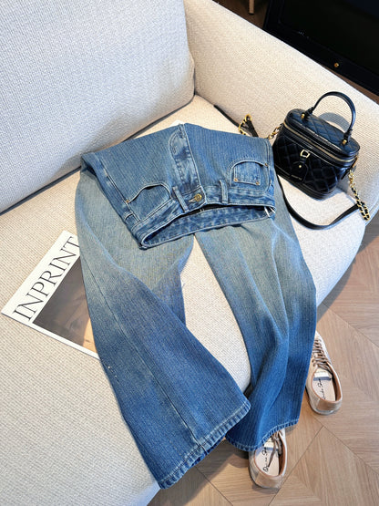 Blue retro gradient high-waisted wide-leg washed denim jeans for women, new winter 2025 style, unique and super beautiful, fleece-lined pants.