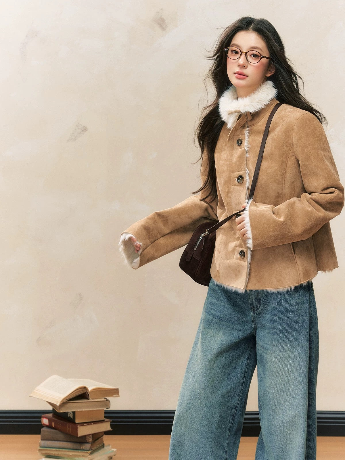 7Shiftin Original Design Autumn/Winter New Slim Fit Plush Coat Khaki Warm Fur-lined Jacket for Women