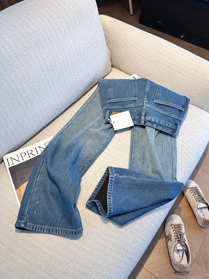 Blue retro gradient high-waisted wide-leg washed denim jeans for women, new winter 2025 style, unique and super beautiful, fleece-lined pants.