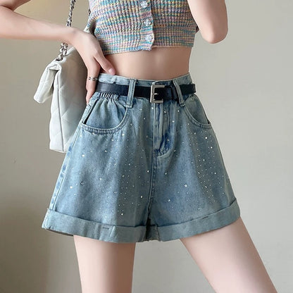 Diamond denim shorts for women wide-leg thick legs to cover the flesh and make you look thinner 2025 summer thin medium-length four-point high-waist A-line version