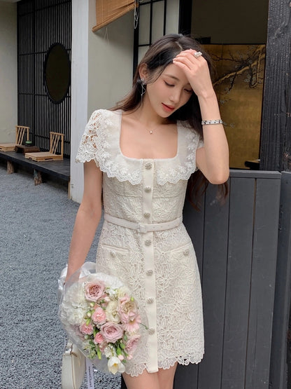 Off-white water-soluble lace sexy square neck short-sleeved waist dress women's new French retro chic skirt