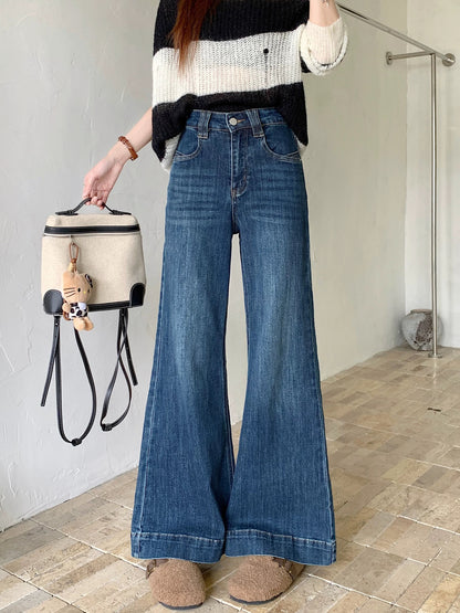 Retro washed flared jeans for women, spring slimming high-waisted wide-leg pants, American style blue trousers, floor-length trousers