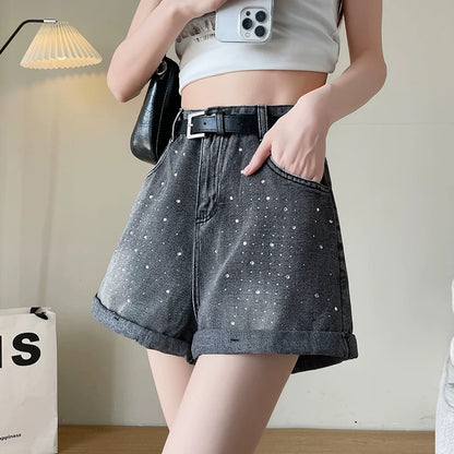 Diamond denim shorts for women wide-leg thick legs to cover the flesh and make you look thinner 2025 summer thin medium-length four-point high-waist A-line version