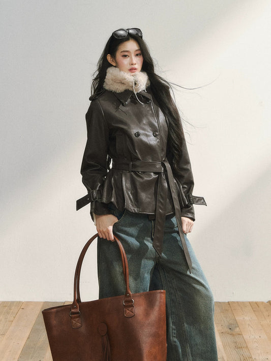7Shiftin Original Design Dark Brown Woolen Coat with Tapered Cuffs, Fashionable Retro Style, Waist-cinching, Fur Collar