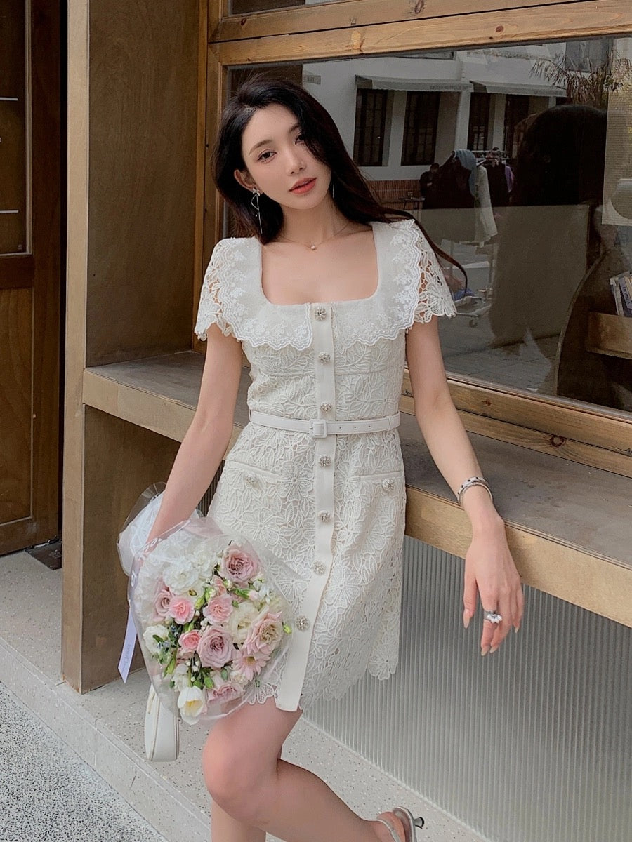 Off-white water-soluble lace sexy square neck short-sleeved waist dress women's new French retro chic skirt