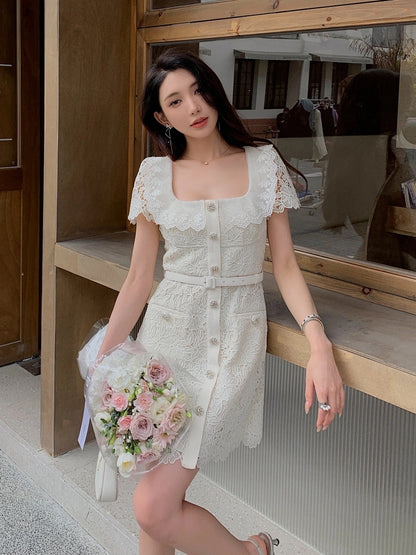 Off-white water-soluble lace sexy square neck short-sleeved waist dress women's new French retro chic skirt