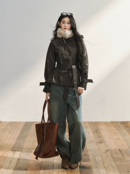 7Shiftin Original Design Dark Brown Woolen Coat with Tapered Cuffs, Fashionable Retro Style, Waist-cinching, Fur Collar