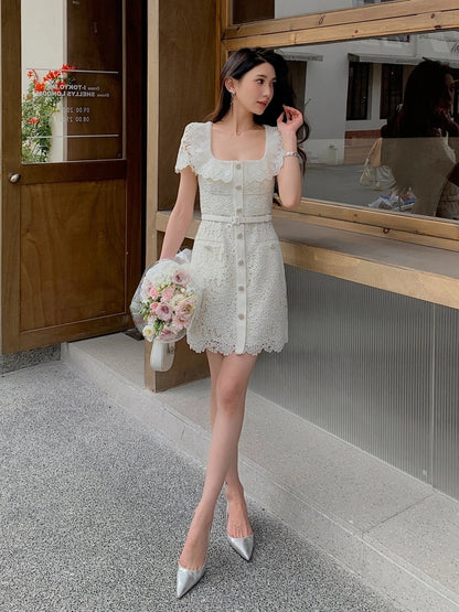 Off-white water-soluble lace sexy square neck short-sleeved waist dress women's new French retro chic skirt