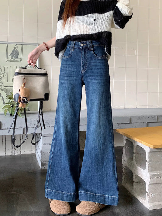Retro washed flared jeans for women, spring slimming high-waisted wide-leg pants, American style blue trousers, floor-length trousers