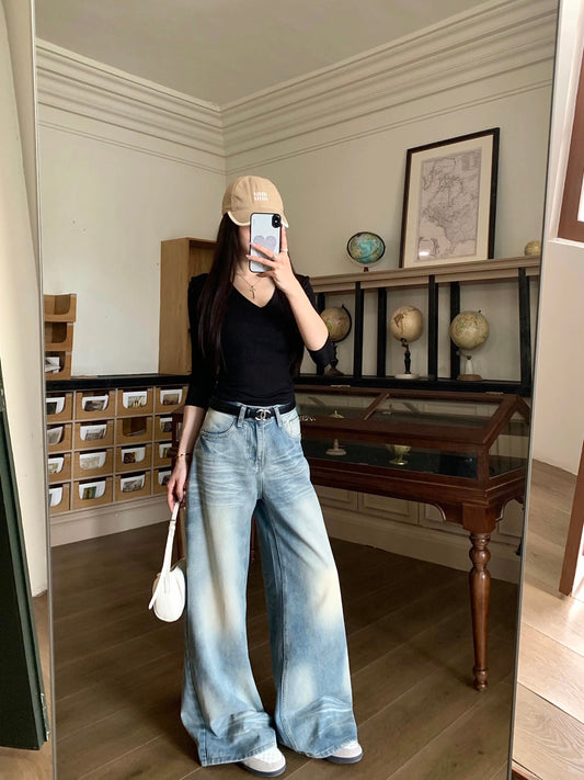Retro distressed washed denim jeans, casual wide-leg pants, new spring style, high-waisted, versatile, straight-leg, floor-length trousers for women.