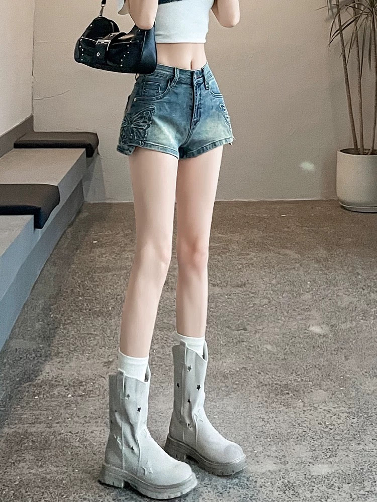Butterfly embroidered denim shorts women 2025 summer thin sexy plump hip hot girl wear high waist a wide leg hot pants