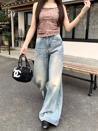 Retro distressed washed denim jeans, casual wide-leg pants, new spring style, high-waisted, versatile, straight-leg, floor-length trousers for women.