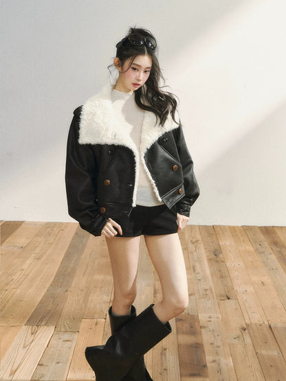 7Shiftin Original Design Black Short Fur-lined Coat for Women, Autumn/Winter Warm Lapel Parka