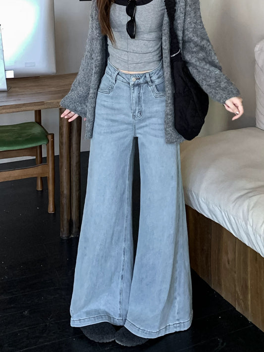 Chocolate Girl Retro Washed High-Waisted Casual Jeans Women's Spring Lazy Loose Floor-Length Trousers with Slight Flare