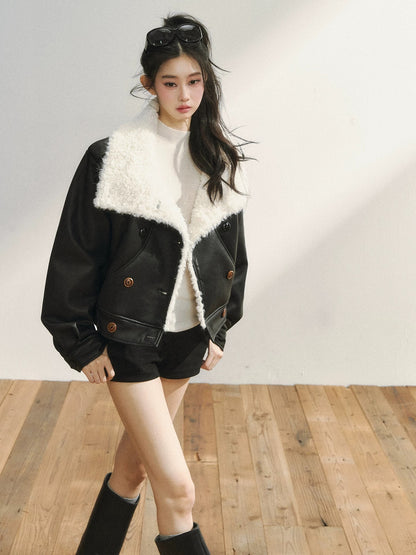 7Shiftin Original Design Black Short Fur-lined Coat for Women, Autumn/Winter Warm Lapel Parka