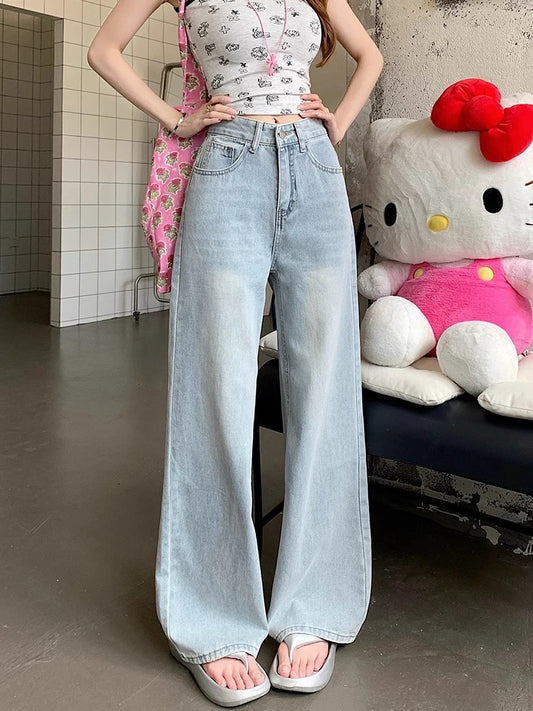 Kumikumi Retro Distressed Light Blue High-Waisted Jeans for Women, Spring Loose Fit, Slimming, Versatile Straight Leg Pants