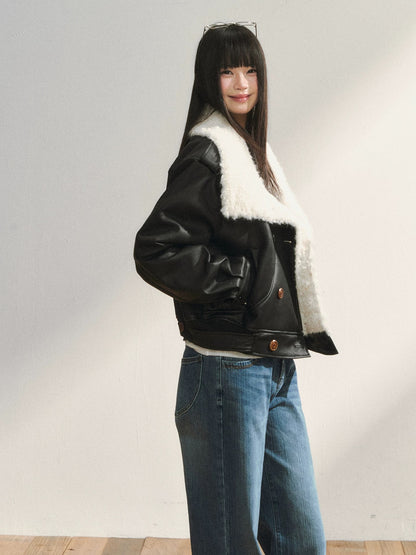 7Shiftin Original Design Black Short Fur-lined Coat for Women, Autumn/Winter Warm Lapel Parka