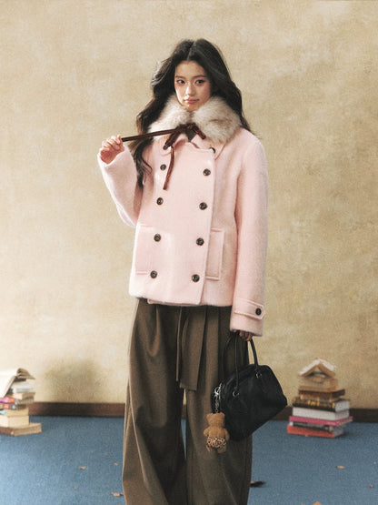 7Shiftin Original Design-Style Belt Wool Coat for Women, Double-Breasted, Warm Winter Coat