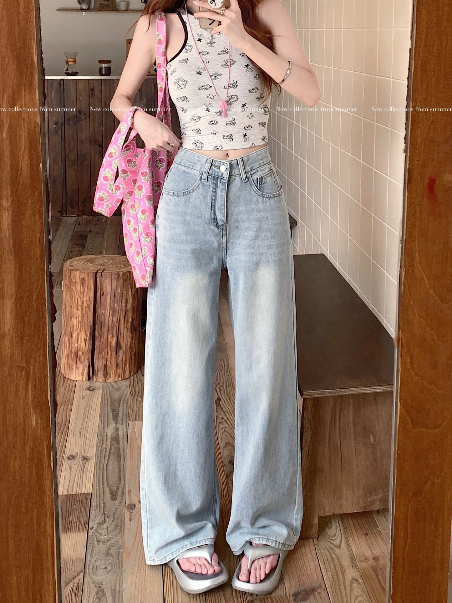 Kumikumi Retro Distressed Light Blue High-Waisted Jeans for Women, Spring Loose Fit, Slimming, Versatile Straight Leg Pants