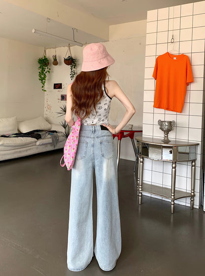 Kumikumi Retro Distressed Light Blue High-Waisted Jeans for Women, Spring Loose Fit, Slimming, Versatile Straight Leg Pants