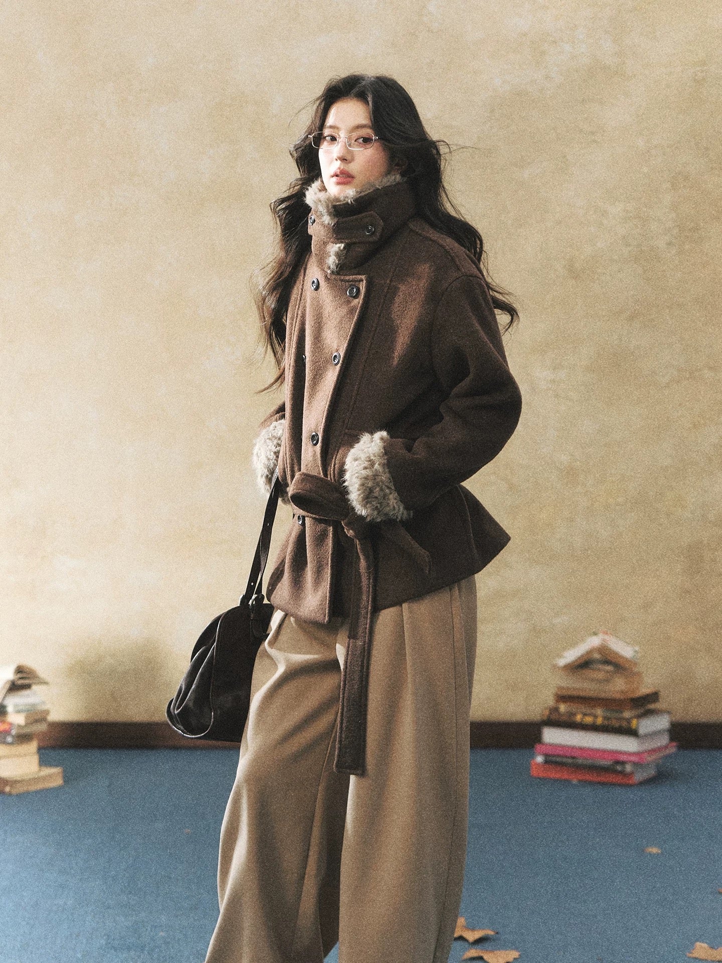 7Shiftin Original Design Double-Breasted Brown Wool Coat, Winter Premium Warm Wool Coat with Fur Collar