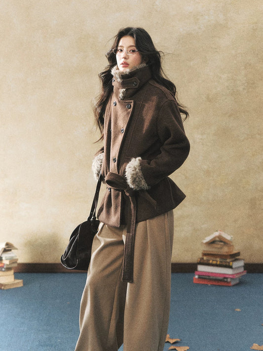 7Shiftin Original Design Double-Breasted Brown Wool Coat, Winter Premium Warm Wool Coat with Fur Collar