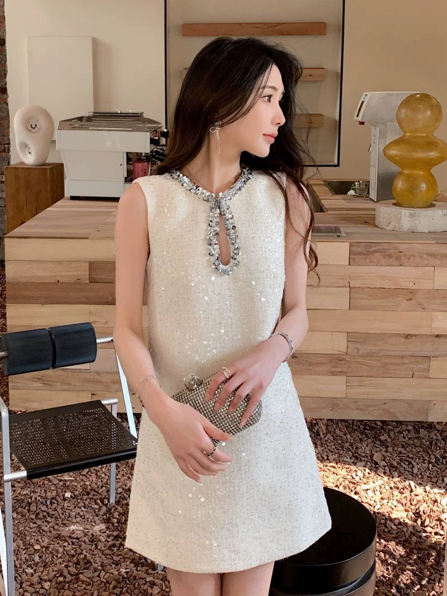 Summer new women's French lady style round neck sequined hollow sleeveless dress miu short skirt