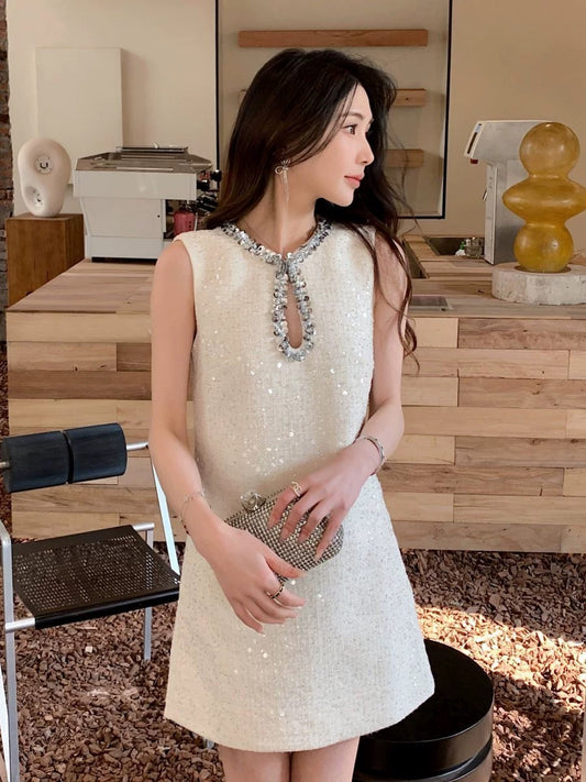 Summer new women's French lady style round neck sequined hollow sleeveless dress miu short skirt