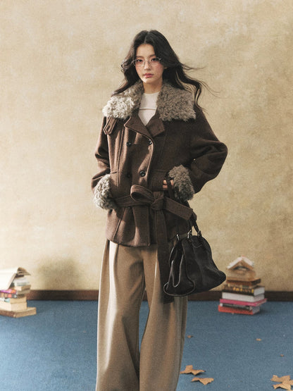 7Shiftin Original Design Double-Breasted Brown Wool Coat, Winter Premium Warm Wool Coat with Fur Collar