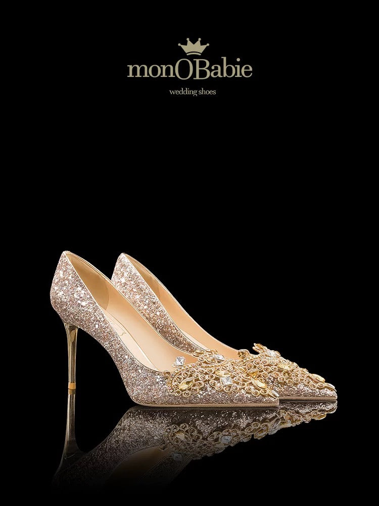 Monobabie Wedding Shoes: Gold Crystal Stiletto Heels – Versatile Bridal Shoes Suitable for Both Traditional *Xiuhe* Attire and Western Wedding Gowns