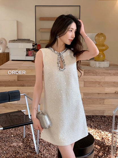 Summer new women's French lady style round neck sequined hollow sleeveless dress miu short skirt