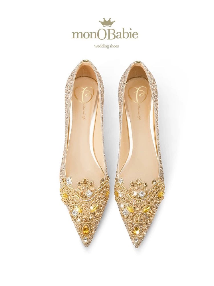 Monobabie Wedding Shoes: Gold Crystal Stiletto Heels – Versatile Bridal Shoes Suitable for Both Traditional *Xiuhe* Attire and Western Wedding Gowns