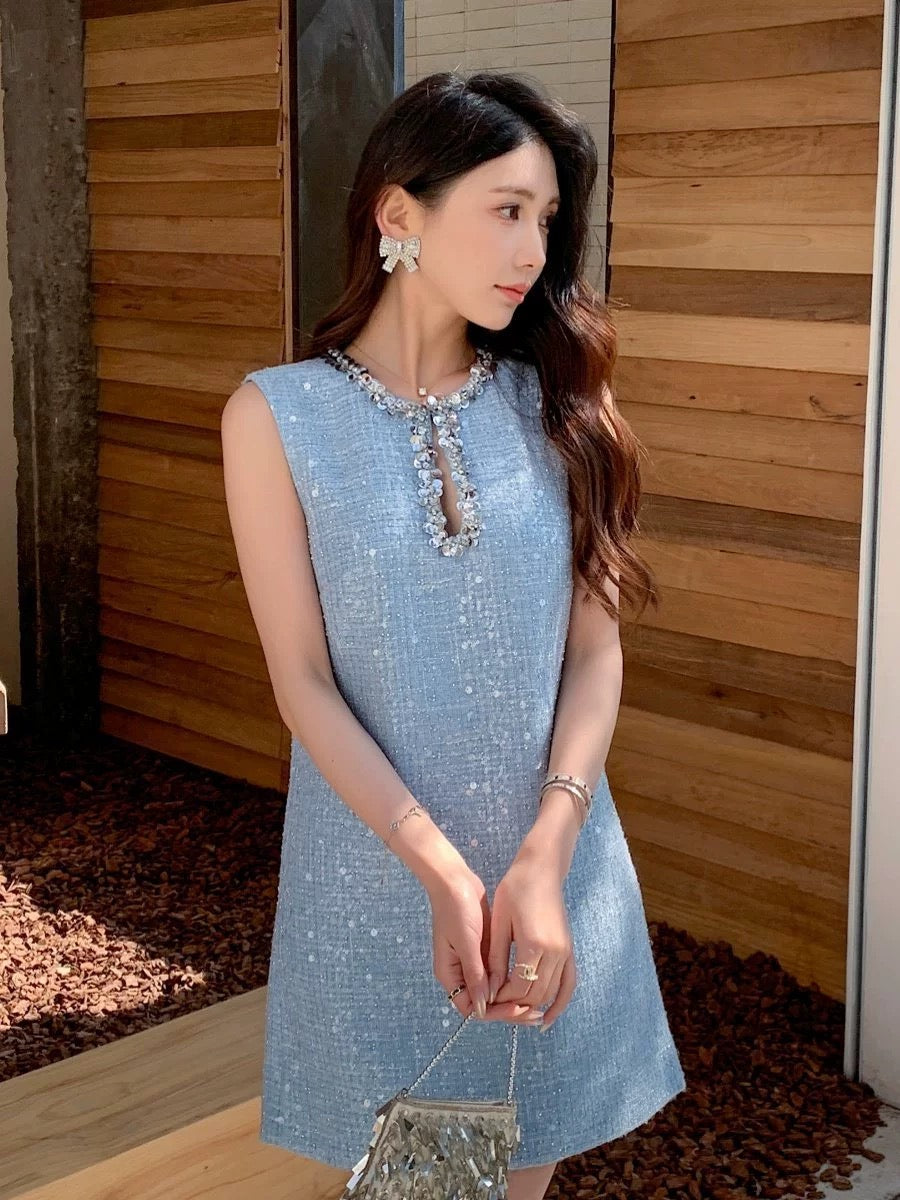 Summer new women's French lady style round neck sequined hollow sleeveless dress miu short skirt