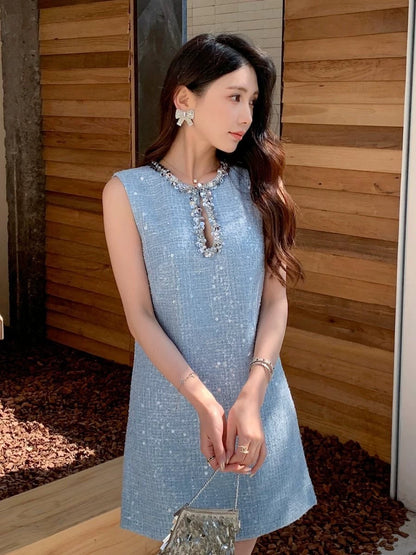 Summer new women's French lady style round neck sequined hollow sleeveless dress miu short skirt