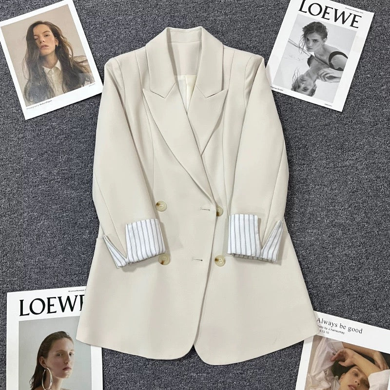 Off-white cuff striped suit jacket for women 2025 spring and autumn new design fashionable double-breasted small suit