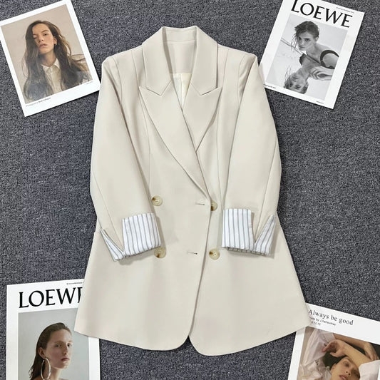 Off-white cuff striped suit jacket for women 2025 spring and autumn new design fashionable double-breasted small suit