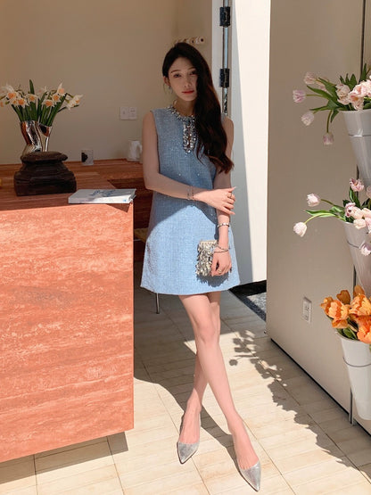 Summer new women's French lady style round neck sequined hollow sleeveless dress miu short skirt