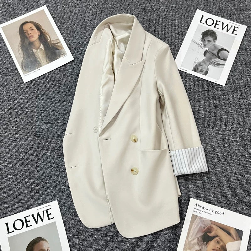 Off-white cuff striped suit jacket for women 2025 spring and autumn new design fashionable double-breasted small suit