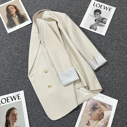Off-white cuff striped suit jacket for women 2025 spring and autumn new design fashionable double-breasted small suit